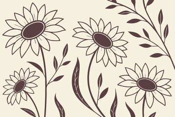 Hand drawn sunflower silhouette floral pattern with botanical leaves, nature-inspired vector design for decorative art, backgrounds, or rustic home decor themes