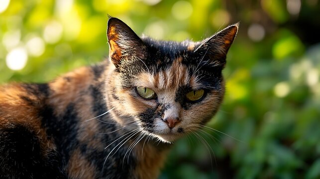 A close up portrait of a calico cat looking intently