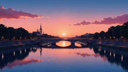Naklejka premium Seine River Dawn in France Paris, beautiful landscape with bridge over calm river at sunrise. Concept of Seine River Dawn in France Paris, tranquility, nature's beauty.