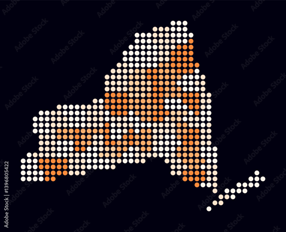 Poster new york dotted map. digital style map of the state on dark background. new york shape with circle d
