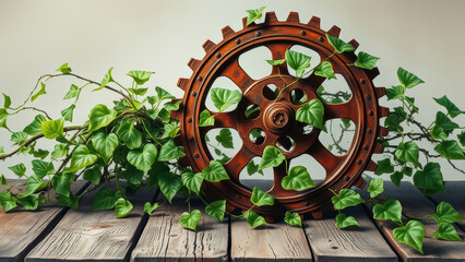 Vintage gear with green ivy against wooden background