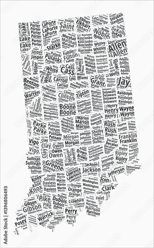 Poster indiana text style counties. state region names word clouds in the english language. elegant vector 