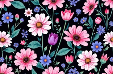Coquette Summer Floral pattern. Colorful Summer Flowers background. Daisy, buttercup, gerbera isolated black background. Perfect Summer Floral wallpaper wall panel deco and copybook cover print. 