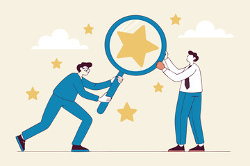 Appraisal, evaluate or assessment for quality or value, property or real estate rating evaluation, analyze employee performance concept, businessman with magnifying glass with stars quality score.