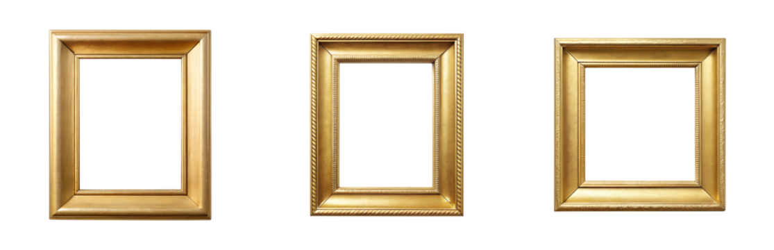 Three Elegant Gold Picture Frames Isolated on White Background Perfect for Displaying Artwork or Photographs transparent background Generative AI