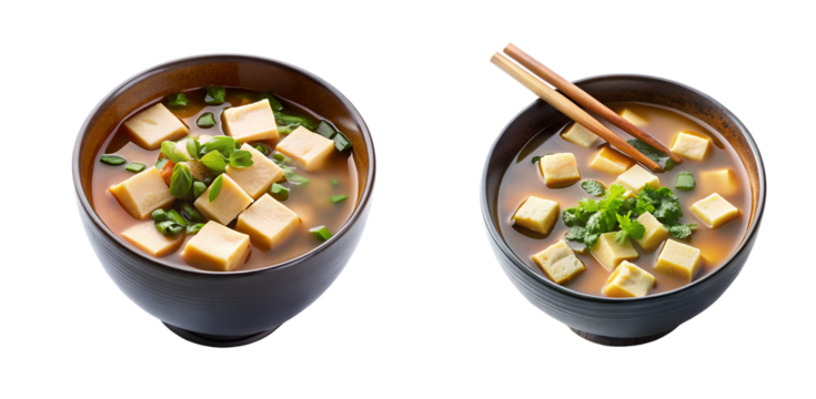 Delicious and Aromatic Miso Soup with Tofu and Fresh Herbs in Two Dark Brown Bowls transparent background Generative AI