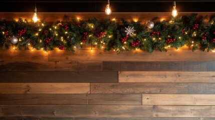 A lovely Christmas garland with evergreen, red berries, and silver tinsel hangs above a rustic mantel lit by warm fairy lights