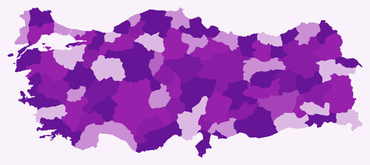 Map of Turkey with regions. Just a simple country border map with region division. Purple color palette. Plain Turkey shape with administrative division. Vector illustration.