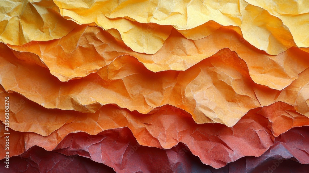 Poster layered, crumpled papers gradient from yellow to deep red texture with depth