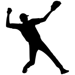 Silhouette of a baseball pitcher in a throwing motion. Sports illustration for dynamic designs, stickers, tattoos, posters, t-shirt and hat designs