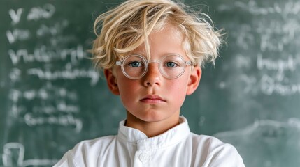 Young boy wearing glasses stands in front of a chalkboard with a frown on his face. The chalkboard is covered in writing, including the numbers 20 and 30