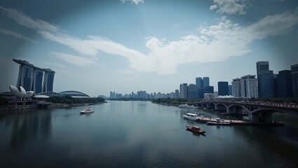 Naklejka premium Singapore Marina Bay Views featuring panoramic skyline, calm river, boats, bridge, people walking. Concept of Singapore Marina Bay Views, showcasing tranquil landscape.