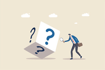 Random or chance to win, gamble, risk management or analyze opportunity, prediction or forecast future, unknown or uncertain concept, businessman with magnifying glass analyze dice with question mark.