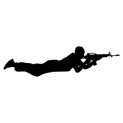 Silhouette of a soldier lying down and aiming a rifle. Military illustration for tactical themes, perfect for stickers, posters