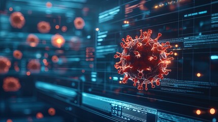 A virtual lab simulation of a virus interacting with human cells, with glowing pathways and data analytics on the screen
