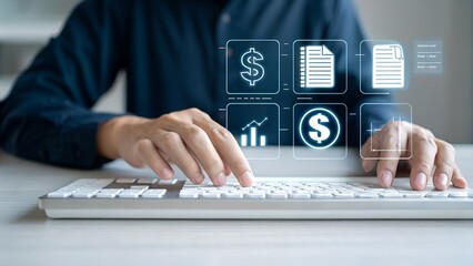 Policy documentation and compliance concept. A person reviews digital document labeled "Policies" with icons, checklists, certifications, and financial detail. policy management, regulatory compliance