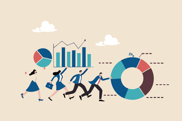 Data driven or data analysis, chart and graph report, analytics, research and optimization, big data or intelligence information, insight concept, business people carrying bar graph and pie chart.