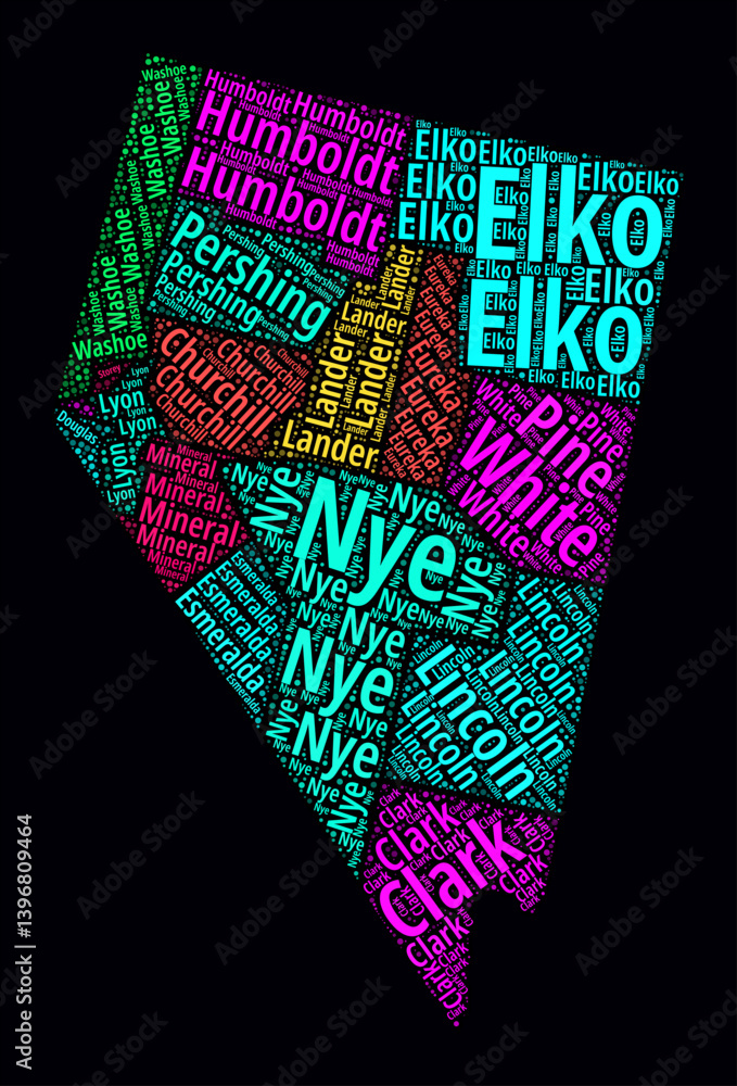 Poster nevada word cloud. bright neon style design on dark background. region names text cloud. boundary sh