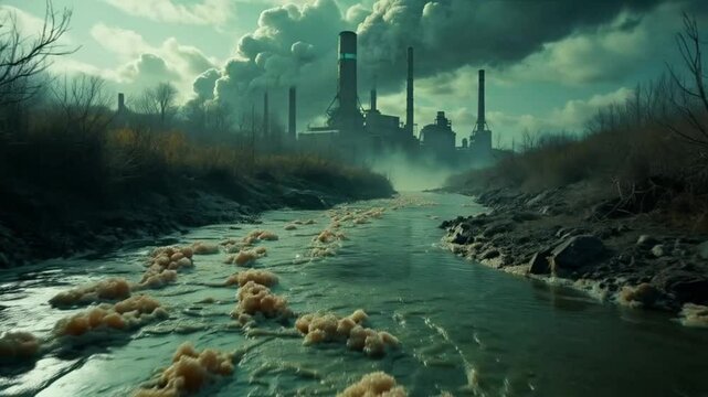 The view of the factory loomed large against the skyline, its towering smokestacks releasing plumes of gray smoke into the air.