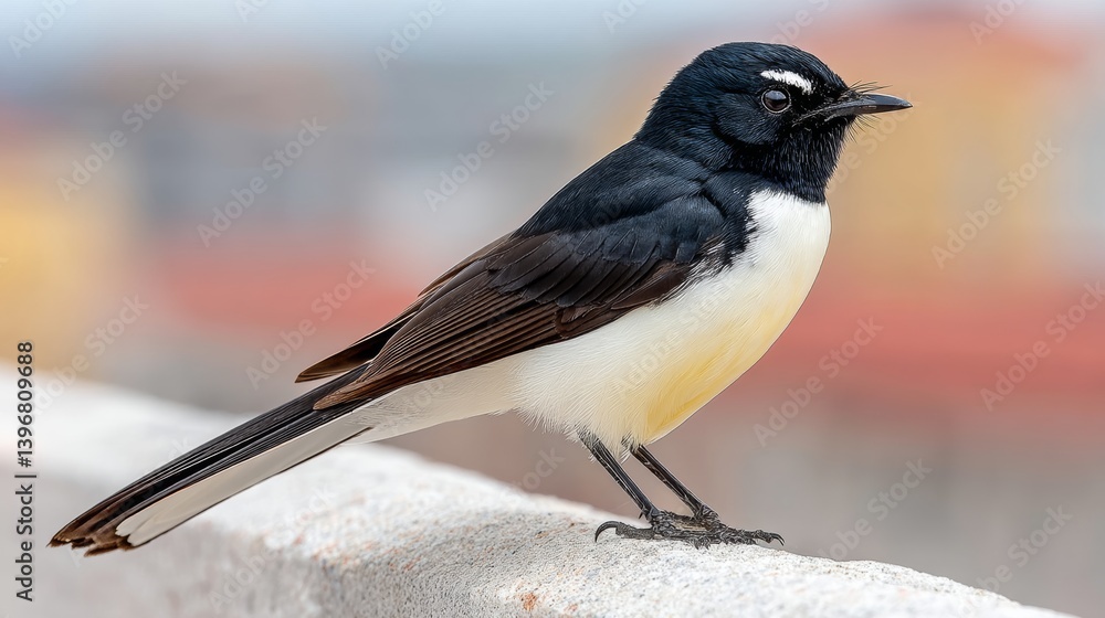 Aufkleber small bird with black and white feathers is perched on a ledge. the bird appears to be resting or ta
