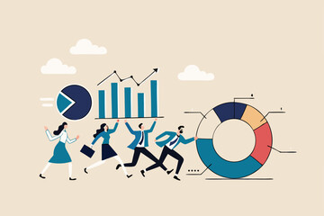Data driven or data analysis, chart and graph report, analytics, research and optimization, big data or intelligence information, insight concept, business people carrying bar graph and pie chart.