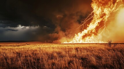 Lightning Strikes Inducing Wildfire in Dry Grassland Landscape