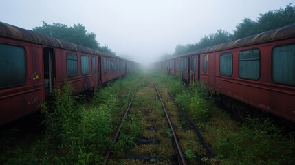 Obraz premium In a haunting landscape, rusted train cars sit abandoned, shrouded in dense fog, while tall weeds thrive between the tracks, hinting at lost histories