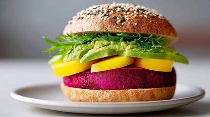 Sandwich with avocado and beet on a white plate. The sandwich is on a plate and is sitting on a table