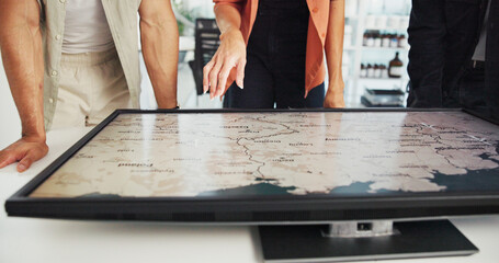 Business people, hands and meeting with screen, map or world graphic for renewable energy at office. Closeup, employees or technology display with proposal for ecosystem, global change or development