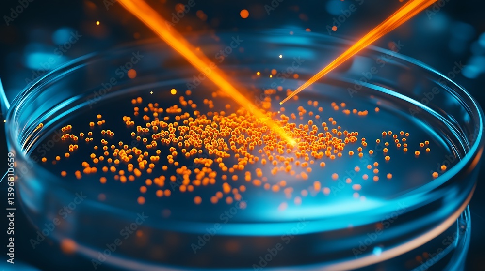 Poster close-up of a petri dish with glowing particles being illuminated by laser beams in a laboratory set