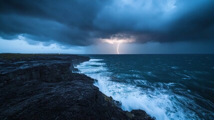 Raging ocean waves crash powerfully against a rugged coastline, illuminated by lightning and surrounded by tempestuous, swirling clouds above