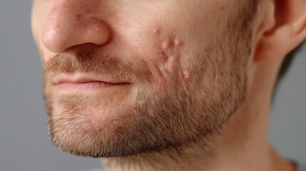 Obraz premium Visible Skin Imperfection: A detailed, close-up shot of male face showing visible skin imperfection, texture and the complexities of the skin condition and appearance.