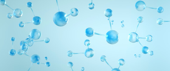 Water or H2O molecule, Skincare or perfume technology essence element. Cosmetic Essence, Liquid bubble, Chemical Molecule on blue background, 3d render