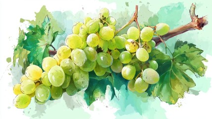 Watercolor of Shine muscat with leaves, painting, illustration drawing isolated,Hand drawn,Bright green muscat grapes on white background,copy space.