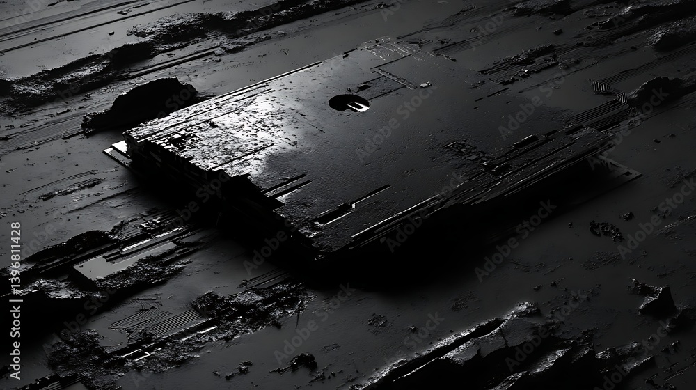 Poster abstract dark landscape featuring a textured surface with a central object, evoking a sense of depth