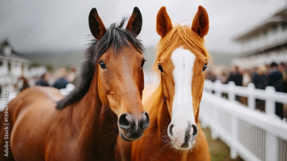 Poster two horses standing next to each other with one of them having a white face. the horses are in a fie