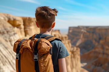 A young Caucasian boy with short brown hair, standing at the edge of a cliff, gazing at the vast canyon landscape in the distance. Unseen Paths, Unspoken Dreams