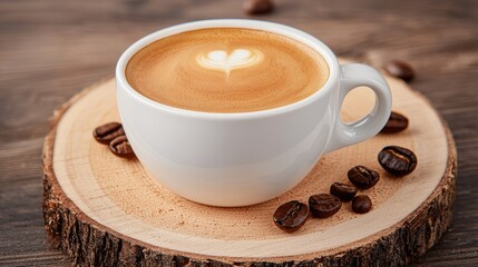 Fototapeta premium Visually striking product photography, commercial poster of a gourmet coffee cup in a 3D wooden scene,