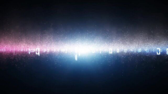 Looped abstract digital technology binary code data with flicker light and particles motion.