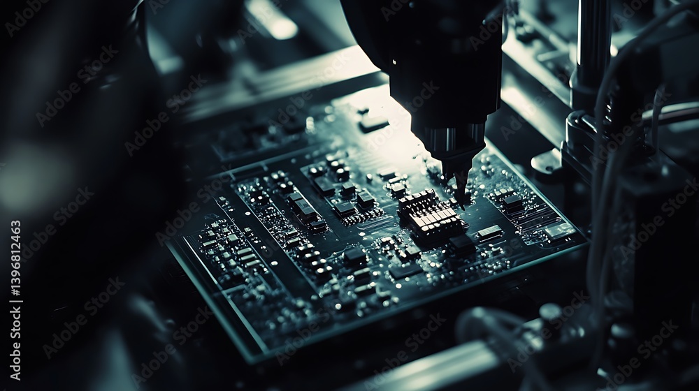 Aufkleber close-up view of a robotic arm assembling a circuit board in a modern electronics manufacturing faci