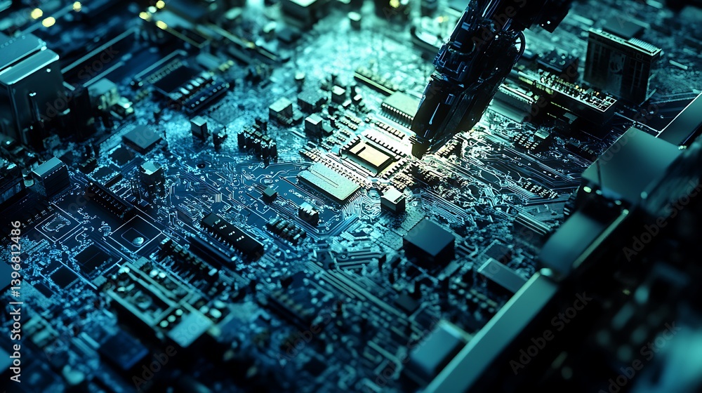 Aufkleber close-up view of a robotic arm assembling components on a circuit board in a high-tech environment