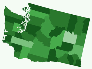 Map of Washington with counties. Just a simple state border map with county division. Green color palette. Plain State of Washington shape with administrative division. Vector illustration.