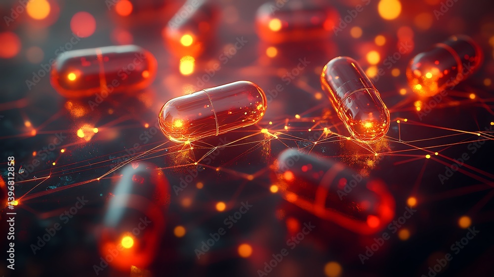 Poster close-up of glowing red capsules on a digital background with interconnected lines and nodes