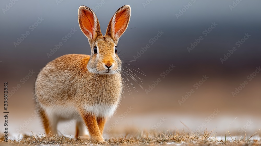 Poster rabbit stands in the grass with its ears up. the rabbit is brown and white. the image has a calm and