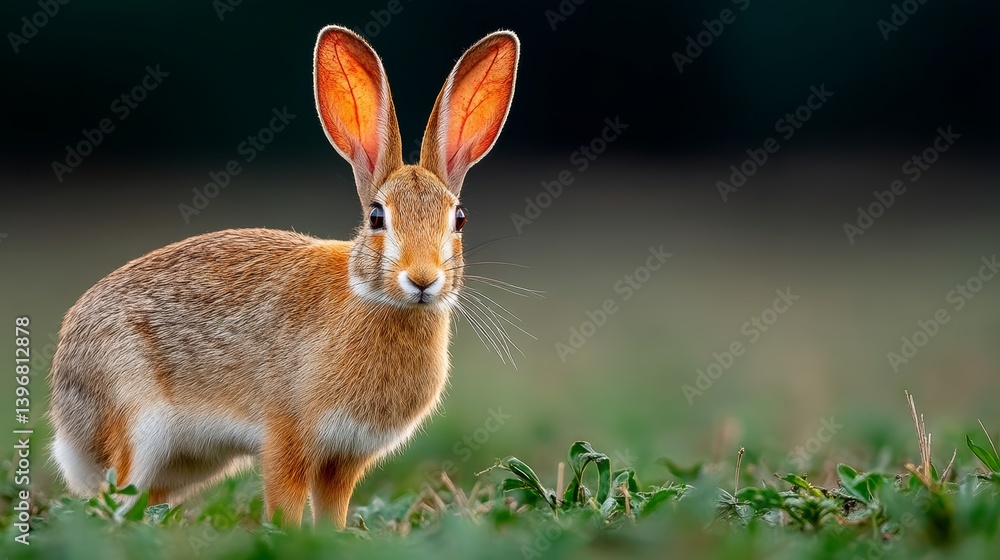 Poster rabbit with orange ears stands in a grassy field. the rabbit is looking directly at the camera, and 