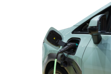 Close-up cutout modern EV Car recharging battery from EV charging machine, EV Car are a popular new innovation and zero-emission vehicle, green energy for smart life