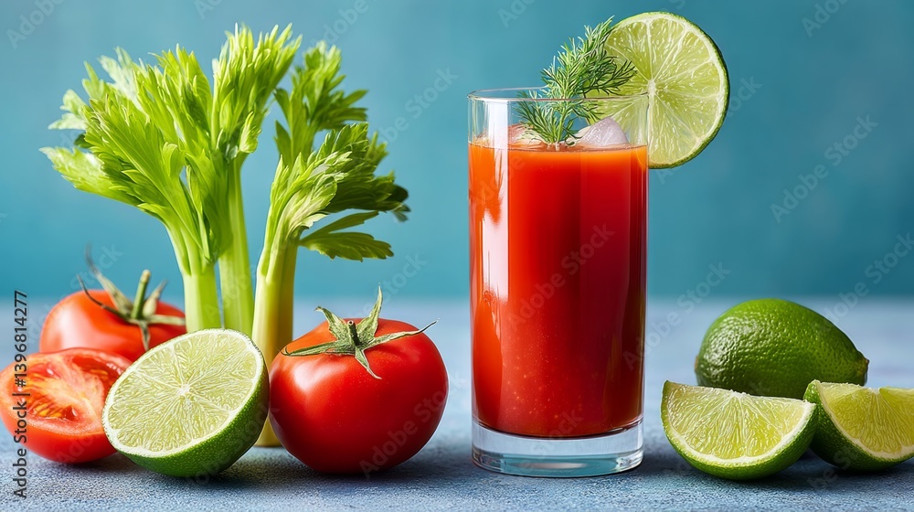 Poster glass of red juice with a lime slice on top and a bunch of tomatoes and celery on the table