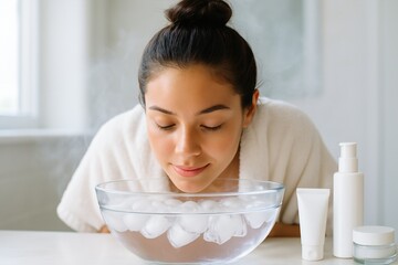 Young woman doing ice water facial for glowing skin at home
