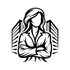 Confident Businesswoman With Arms Crossed And Buildings In Black And White