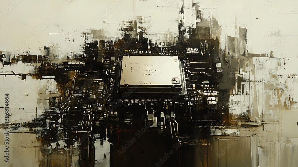 Poster abstract depiction of a central processing unit surrounded by intricate circuit designs and textures